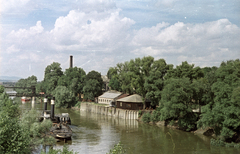 Magyarország, Óbuda, Budapest III., Óbudai Hajógyár az Árpád hídról nézve, balra a Duna-ág felett a Hajógyári-szigetre vezető emelőhíd., 1963, Horváth Miklós dr, Budapest, Fortepan #129525