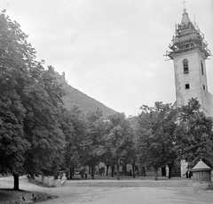 Magyarország, Sümeg, Sarlós Boldogasszony kegytemplom és kolostor., 1957, Gyöngyi, kút, vár, állvány, Fortepan #12960