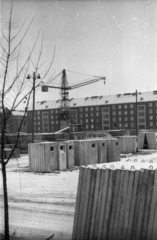 Németország, Drezda, Borsbergstrasse 34., a Pedagógiai Föiskola kollégiumának (Pädagogische Hochschule Dresden, Studentenwohnheim) építkezése., 1961, Hunyady József, daru, NDK, házgyár, Fortepan #129608