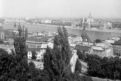 Magyarország, Budapest I., látkép a Halászbástyáról, Víziváros, Parlament., 1971, Gyöngyi, látkép, Steindl Imre-terv, országház, neogótika, Duna, eklektikus építészet, Budapest, Fortepan #12967