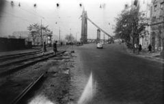 Magyarország, Budapest V., Belgrád rakpart a Március 15. tér felé nézve, szemben a lerombolt Erzsébet híd pesti hídfője., 1957, Fortepan/Album016, Budapest, hídroncs, Fortepan #130032