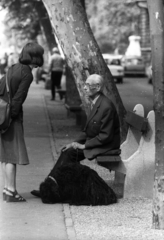 Hungary, Budapest VI., Andrássy út (Népköztársaság útja) a Kodály körönd felé nézve., 1975, Vizsnyiczai Erzsébet, Budapest, old person, platan tree, dog, bench, sandal, Fortepan #130663