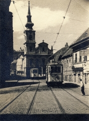 Hungary, Budapest I., Attila út (körút), szemben az Alexandriai Szent Katalin-templom., 1935, Kármentő Éva, tram, Budapest, Fortepan #131107