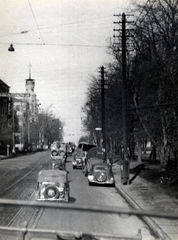 Ukrajna, Kijev, Mihajlo Hrusevszkij utca, balra a tűzoltóság tornya, jobbra a Marijinszkij park., 1943, Marics Zoltán, második világháború, automobil, Fortepan #131332