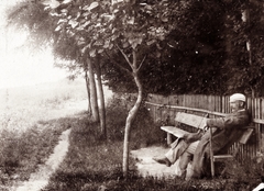 1914, Palotai Klára, man, bench, wood, sitting, fence, Fortepan #131770