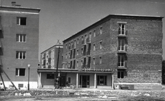 Magyarország, Budapest XIV., Szervián (929.) utca, a jobb oldali épület a Kaffka Margit utca sarkán áll., 1958, Samodai József Zuglói Helytörténeti Műhely, Budapest, tejbolt, bérház, Közért Vállalat, lapostető, Fortepan #131997