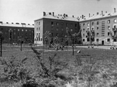 Magyarország, Budapest XIV., a Kerepesi úti lakótelep Bolgárkertész (129.) utcai épületei, baloldalt a Bolgárkerék (127.) utca., 1960, Samodai József Zuglói Helytörténeti Műhely, Budapest, Fortepan #132012