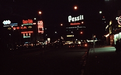 Ausztria, Bécs, Mariahilfer Strasse a Westbahnhof-nál., 1960, Jánossy Virág, Háberl Aladár, színes, neonreklám, éjszaka, Persil-márka, Fortepan #132042