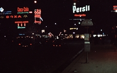 Ausztria, Bécs, Mariahilfer Strasse a Westbahnhof-nál., 1960, Jánossy Virág, Háberl Aladár, színes, neonreklám, éjszaka, Persil-márka, Fortepan #132043