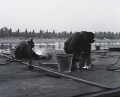 Magyarország, Budapest III., Árpád fejedelem útja 50., Asboth hajóépítő telep, az AT 50/2 légcsavaros hajó építés közben a sólyán. Háttérben a Margit-sziget. Leltári jelzet: MMKM TFGY 2017.5.89, 1946, Magyar Műszaki és Közlekedési Múzeum / Történeti Fényképek Gyűjteménye / Asboth Oszkár gyűjteménye, hajógyártás, Budapest, vödör, hegesztés, Fortepan #132165