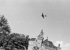 Magyarország, Városliget, Budapest XIV., 1955, Mohl József, épített örökség, repülőgép, Alpár Ignác-terv, vár, eklektikus építészet, Budapest, Fortepan #13273