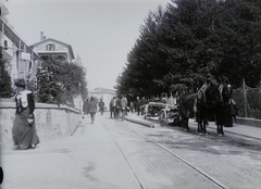 Croatia, Opatija, ulica Maršala Tita (Reichsstrasse) a Hotel Bristol-tól nézve, jobbra az Angiolina Park. Sínszálak szállítása lovas fogattal. Leltári jelzet: 29833, 1915, Magyar Műszaki és Közlekedési Múzeum / Archívum / Negatívtár / Pölös István gyűjteménye, Czakó Ferenc, Fortepan #132938