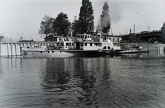 Magyarország, Óbuda, Budapest III., Óbudai Hajógyár, a Geroj Boronyin (épült: 1956.) oldalkerekes vontató gőzhajó a Hajógyári-öbölben, háttérben az Árpád (Sztálin) híd. Leltári jelzet: 21632, 1956, Magyar Műszaki és Közlekedési Múzeum / Történeti Fényképek Gyűjteménye / Óbudai Hajógyár gyűjteménye, Budapest, cirill írás, Fortepan #133090