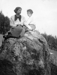 1920, Fortepan, woods, women, summer, hillside, rock, double portrait, sitting on a rock, Fortepan #13312