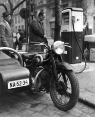 1959, Tőry Klára, DKW-brand, motorcycle with sidecar, gas station, number plate, Fortepan #133410