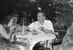 1957, Chuckyeager tumblr, table, tablecloth, smoking, summer, soda water bottle, Fortepan #133689