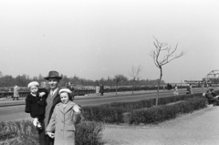 Magyarország, Budapest XIII., Újpesti rakpart a Szent István parknál, a Duna-ág túlpartján a Margit-sziget, jobbra a távolban az Árpád híd., 1958, Chuckyeager tumblr, Budapest, kézben tartani, bokor, park, család, rakpart, kalap, sapka, Fortepan #133769