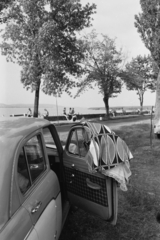 Hungary,Lake Balaton, Tihany, Gödrös, Lepke sor., 1965, Chuckyeager tumblr, beach, plaid, petticoat, Moskvitch-brand, Fortepan #133803