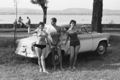 Hungary,Lake Balaton, Tihany, Gödrös, Lepke sor., 1965, Chuckyeager tumblr, beach, bathing suit, tableau, aerial, companionship, number plate, Moskvitch-brand, Fortepan #133805