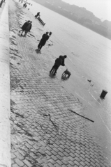 Hungary, Budapest V., pesti alsó rakpart a Zoltán (Beloiannisz) utca torkolatánál, háttérben a budai Vár., 1965, Chuckyeager tumblr, flood, Budapest, Danube's shore, walking the dog, Fortepan #133888