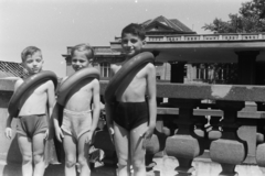 1957, Chuckyeager tumblr, swim belt, inner tube, standing at attention, Fortepan #133979