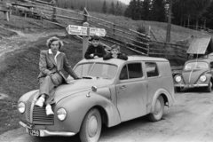 Austria, Katschberghöhe., 1957, Chuckyeager tumblr, Volkswagen-brand, Aero-brand, girls'n'cars, leg over leg, sitting on a car, Fortepan #134114