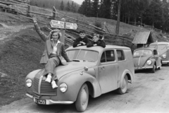 Austria, Katschberghöhe., 1957, Chuckyeager tumblr, Volkswagen-brand, Aero-brand, girls'n'cars, leg over leg, sitting on a car, hands up, Fortepan #134115