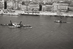 Magyarország, Budapest V.,Budapest XI., a Belgrád (Ferenc József) rakpart és a nemzetközi hajóállomás a Gellérthegyről nézve., 1939, Chuckyeager tumblr, folyó, Duna, Budapest, madártávlat, gőzhajó, Fortepan #134145