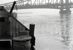 Magyarország, Budapest V., a felvétel a pesti alsó rakpartnál kikötött haltároló bárkáról készült, szemben a Szabadság (Ferenc József) híd., 1940, Fortepan/Album018, folyó, halászat, Duna, Budapest, Fortepan #134646