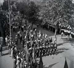 Magyarország, Budapest VI., Andrássy út, a II. VIT (Világifjúsági Találkozó) résztvevő vonulnak a Hősök terén tartandó záróünnepélyre, 1949. augusztus 28-án., 1949, Lőrinczi Ákos, Budapest, bámészkodás, felvonulás, sorfal, Fortepan #134992