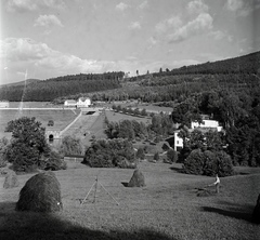 Csehország, Luhačovice, vízmű., 1949, Lőrinczi Ákos, Csehszlovákia, vízmű, látkép, kazal, Fortepan #135009