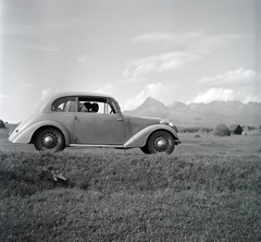 Szlovákia, Vázsec, Liptói–medence, a távolban a Magas-Tátra, balra a Kriván., 1949, Lőrinczi Ákos, Csehszlovákia, Tatra-márka, automobil, széna, Tátra hegység, Fortepan #135019