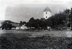 Slovakia, Vrbovce, a község főtere, jobbra a Szent Erzsébet-templom., 1920, Lőrinczi Ákos, bicycle, steeple, Fortepan #135050