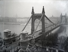 Hungary, Budapest V.,Budapest I., Erzsébet híd a Gellérthegyről nézve., 1935, Lőrinczi Ákos, bridge, river, Danube, Budapest, suspension bridge, Duna-bridge, Antal Kherndl-design, Aurél Czekelius-design, Fortepan #135097