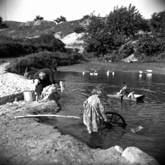 1937, Kölcsey Ferenc Dunakeszi Városi Könyvtár / Petanovits fényképek, gyerekek, baromfi, teknő, patak, mosás, Fortepan #135358