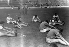 Mexikó, Mexikóváros, Azul Stadion. Kispéter, Gyulai, Csikós, ?, jobb oldalon, fentről Hernádi, Mike, Puskás (kölcsönjátékos), Lakat. A felvétel a Ferencváros mexikói túráján 1947 nyarán készült., 1947, Szabó József, terpeszülés, labdarúgás, edzés, Fortepan #135582