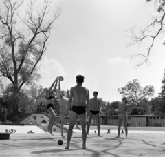 Romania,Transylvania, Sînmartin, Félixfürdő, Termál strand., 1962, Sütő András örökösei, Új Élet szerkesztőség, beach, volleyball, water slide, Fortepan #135776