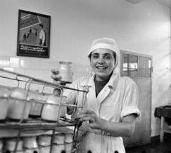 Romania,Transylvania, Târgu Mureș, az állami tejfeldolgozó üzem palackozója., 1962, Sütő András örökösei, Új Élet szerkesztőség, milk industry, working woman, Fortepan #135882