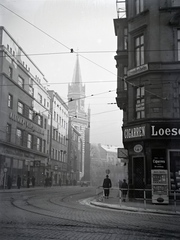 Oroszország, Kalinyingrád, (ekkor Königsberg), a Poststrasse a Steindamm Rechte Strasse felől, háttérben a Neue Altstädtische Kirche (később az Egyetem utca és környéke)., 1937, Révay Péter, Allianz biztosító, Fortepan #136407