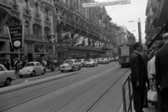 Switzerland, Geneva, Rue de la Croix-d'Or., 1969, Vészi Ágnes, flag, street view, tram, rails, public transport, Fortepan #136487