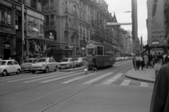 Switzerland, Geneva, Rue de la Croix-d'Or., 1969, Vészi Ágnes, tram, public transport line number, Montblanc-brand, crosswalk, Fortepan #136488