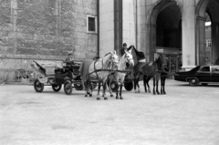 Austria, Salzburg, Residenzplatz, háttérben a Dóm., 1970, Vészi Ágnes, carriage, Horse-drawn carriage, Fortepan #136540