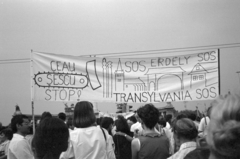 Magyarország, Budapest XIV., Hősök tere, az erdélyi falurombolás elleni tüntetés 1988. június 27-én., 1988, Vészi Ágnes, tüntetés, demonstrációs tábla, Budapest, rendszerváltás, Fortepan #136962