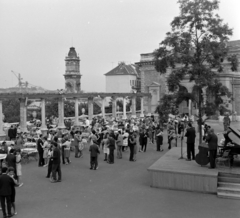 Magyarország, Budapest I., Várkert Bazár, Budai Ifjúsági Park, háttérben a Várkert Kioszk tornya és az épülő Erzsébet híd., 1963, Szalay Zoltán, nagybőgő, Budapest, Fortepan #137215