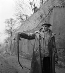 Magyarország, Tata, Öreg-tó a várfal előtt, a lehalászás eredménye., 1964, Szalay Zoltán, halászat, esőkabát, halászháló, harcsa, Fortepan #137502