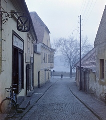 Magyarország, Szentendre, a Görög utca a Duna korzó (Somogyi-Bacsó part) felé nézve., 1964, Szalay Zoltán, kerékpár, színes, fodrászat, cégér, Fortepan #137520