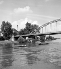 Hungary, Győr, a Mosoni-Duna a Kossuth hídnál, balra Révfalu., 1959, Szalay Zoltán, bridge, river, boat, fishing, József Beke-design, Fortepan #137558