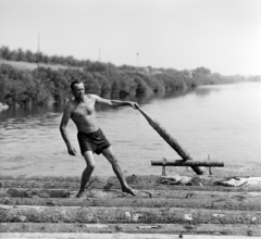 Magyarország, faúsztatás a Tiszán Tuzsérról Szegedre, az ERDÉRT vállalat telepétől a fafeldolgozó üzemekhez., 1967, Szalay Zoltán, faúsztatás, Fortepan #138009