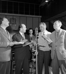 Hungary, Budapest VIII., a Magyar Rádió 1-es stúdiója, Básti Lajos, Pécsi Sándor, Kovács Károly és Tímár József színművészek, 1959, Szalay Zoltán, microphone, actor, sound recording, Budapest, Hungarian Radio, Fortepan #138052