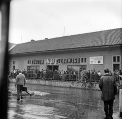 Hungary, Diósgyőr, Miskolc, diósgyőr-vasgyári kolónia, Konzum áruház., 1969, Szalay Zoltán, ice cream, rain, neon sign, bicycle, worker, Fortepan #138361